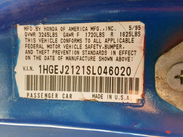 1HGEJ2121SL046020 - 1995 HONDA CIVIC DX BLUE photo 10