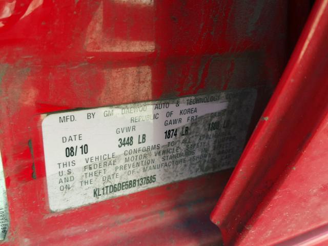 KL1TD6DE5BB137685 - 2011 CHEVROLET AVEO LS RED photo 10