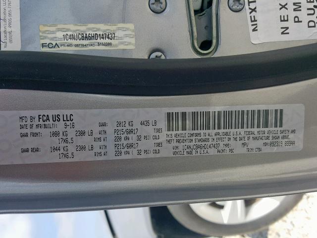 1C4NJCBA6HD147437 - 2017 JEEP COMPASS SP ვერცხლისფერი ფოტო 10