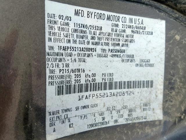 1FAFP55213A208924 - 2003 FORD TAURUS SES GRAY photo 10