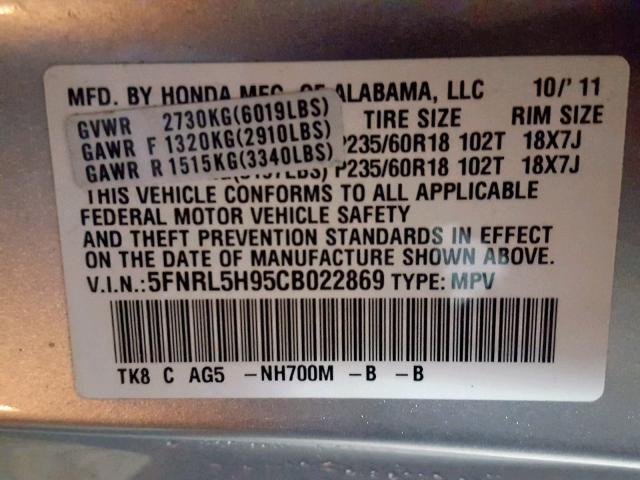 5FNRL5H95CB022869 - 2012 HONDA ODYSSEY TO SILVER photo 10