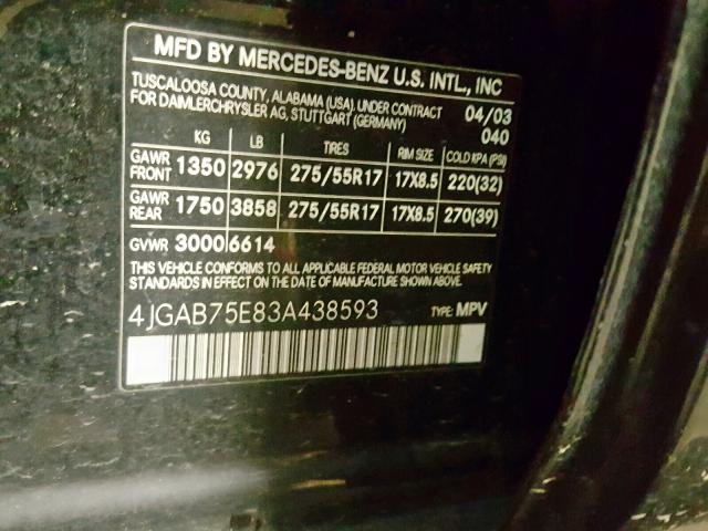 4JGAB75E83A438593 - 2003 MERCEDES-BENZ ML 500 BLACK photo 10