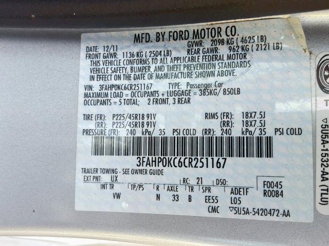 3FAHP0KC6CR251167 - 2012 FORD FUSION SPO SILVER photo 10