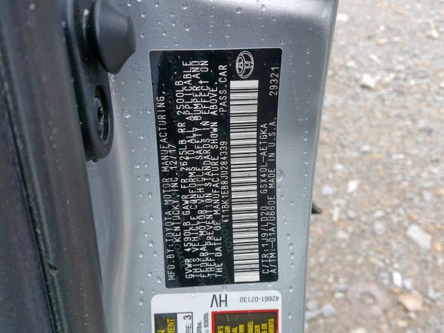 4T1BK1EB8JU284339 - 2018 TOYOTA AVALON XLE SILVER photo 10