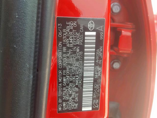 JTDKDTB34D1047778 - 2013 TOYOTA PRIUS C RED photo 10