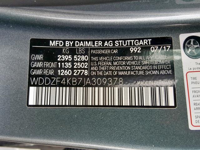 WDDZF4KB7JA309378 - 2018 MERCEDES-BENZ E 300 4MAT GRAY photo 10