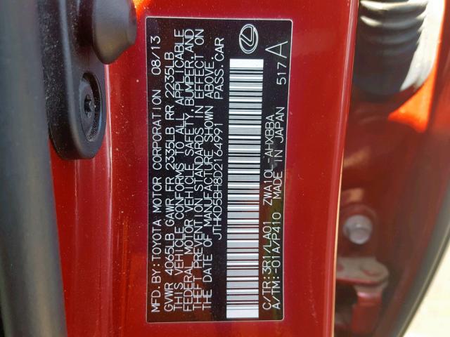 JTHKD5BH8D2164991 - 2013 LEXUS CT 200 RED photo 10