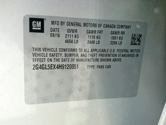 2G4GL5EX4H9120051 - 2017 BUICK REGAL SPOR SILVER photo 10