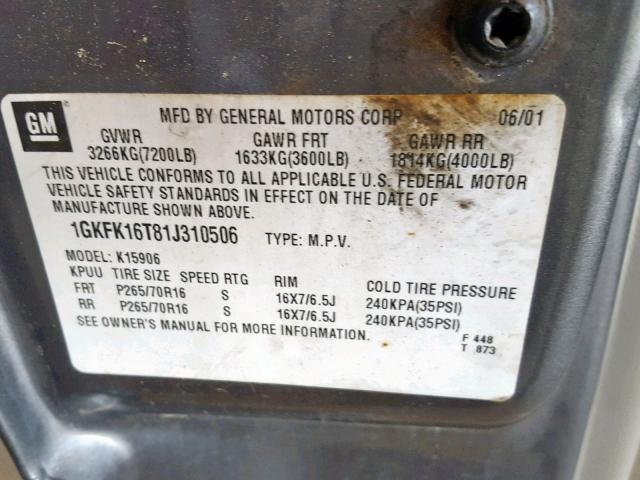 1GKFK16T81J310506 - 2001 GMC YUKON XL K GRAY photo 10