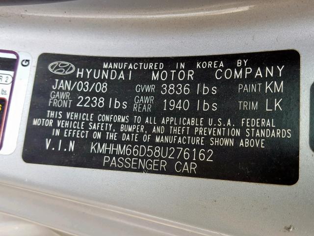 KMHHM66D58U276162 - 2008 HYUNDAI TIBURON GS SILVER photo 10