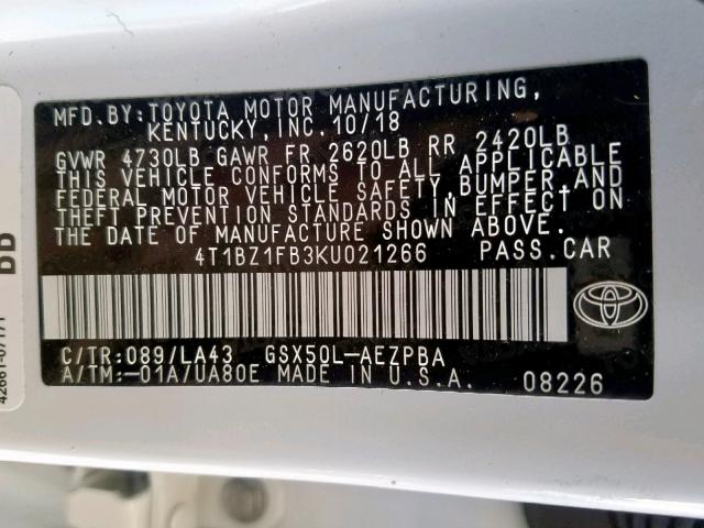 4T1BZ1FB3KU021266 - 2019 TOYOTA AVALON XLE WHITE photo 10