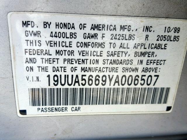 19UUA5669YA006507 - 2000 ACURA 3.2TL SILVER photo 10