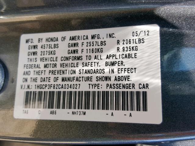 1HGCP3F82CA034027 - 2012 HONDA ACCORD EXL GRAY photo 10