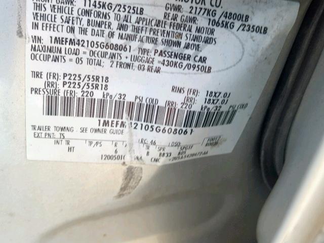 1MEFM42105G608061 - 2005 MERCURY MONTEGO PR ვერცხლისფერი ფოტო 10