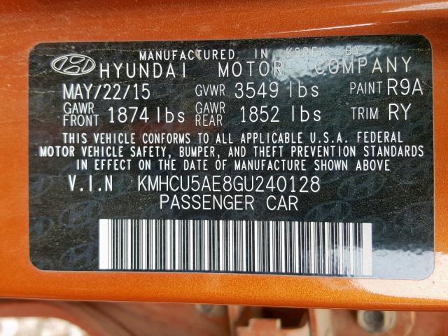 KMHCU5AE8GU240128 - 2016 HYUNDAI ACCENT SPO ORANGE photo 10