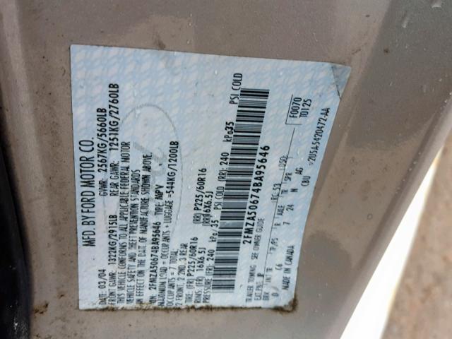 2FMZA50674BA95646 - 2004 FORD FREESTAR S SILVER photo 10