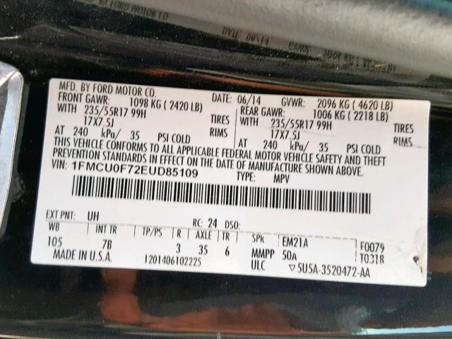 1FMCU0F72EUD85109 - 2014 FORD ESCAPE S BLACK photo 10