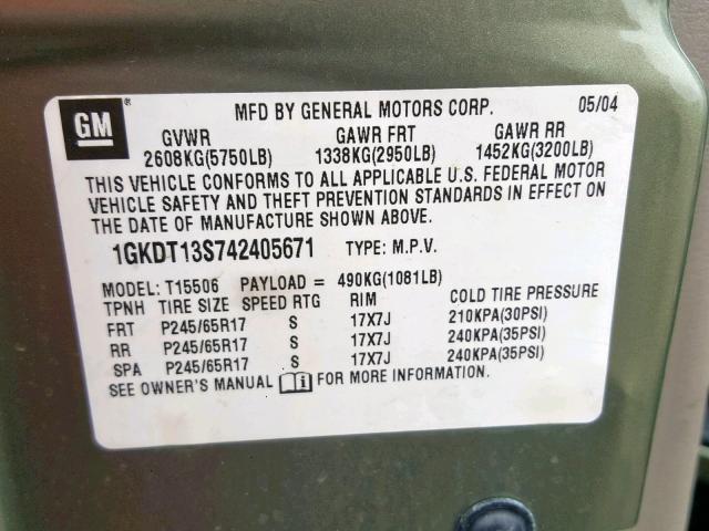 1GKDT13S742405671 - 2004 GMC ENVOY GREEN photo 10