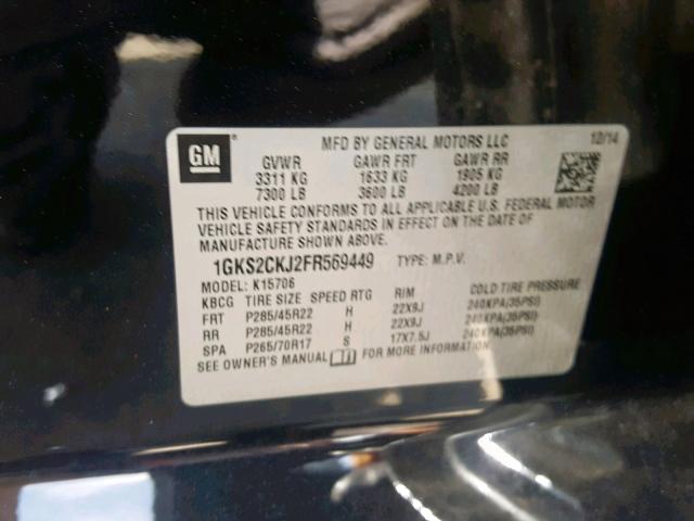 1GKS2CKJ2FR569449 - 2015 GMC YUKON DENA BLACK photo 10