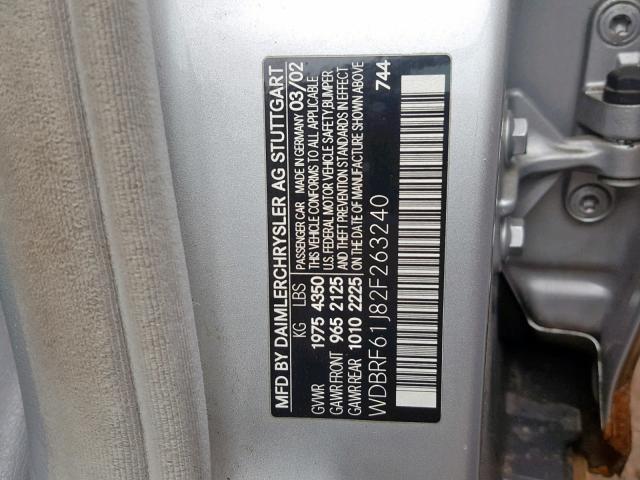 WDBRF61J82F263240 - 2002 MERCEDES-BENZ C 240 SILVER photo 10