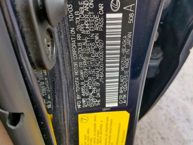 JTHBA30G740007827 - 2004 LEXUS ES 330 BLACK photo 10