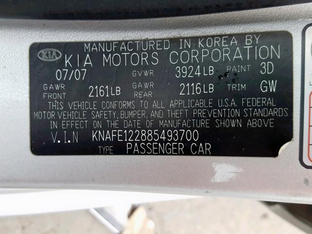 KNAFE122885493700 - 2008 KIA SPECTRA EX SILVER photo 10