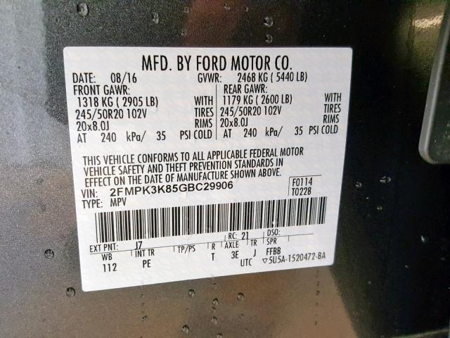 2FMPK3K85GBC29906 - 2016 FORD EDGE TITAN GRAY photo 10