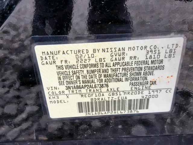 3N1AB6AP2AL673876 - 2010 NISSAN SENTRA 2.0 BLACK photo 10