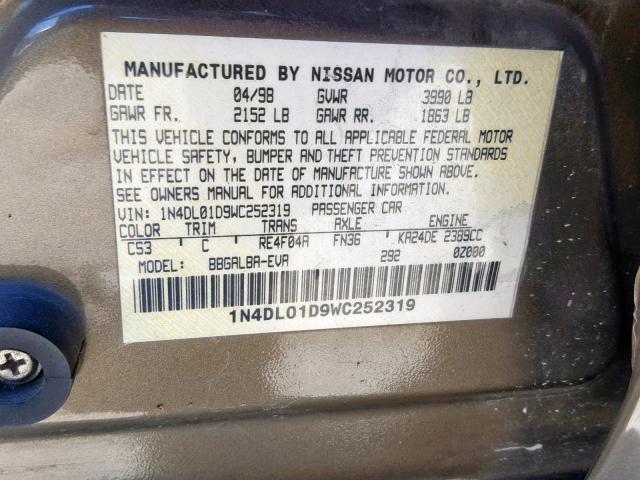 1N4DL01D9WC252319 - 1998 NISSAN ALTIMA XE BROWN photo 10