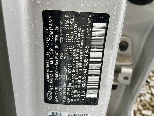 KM8J33A44KU846945 - 2019 HYUNDAI TUCSON LIM SILVER photo 10