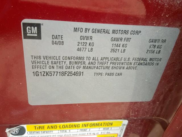 1G1ZK57718F254691 - 2008 CHEVROLET MALIBU LTZ წითელი ფოტო 10