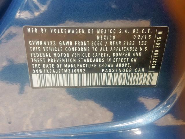 3VW1K7AJ7FM310552 - 2015 VOLKSWAGEN JETTA BASE BLUE photo 10