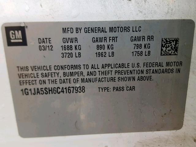 1G1JA5SH6C4167938 - 2012 CHEVROLET SONIC LS WHITE photo 10