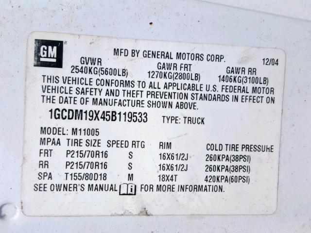 1GCDM19X45B119533 - 2005 CHEVROLET ASTRO WHITE photo 10