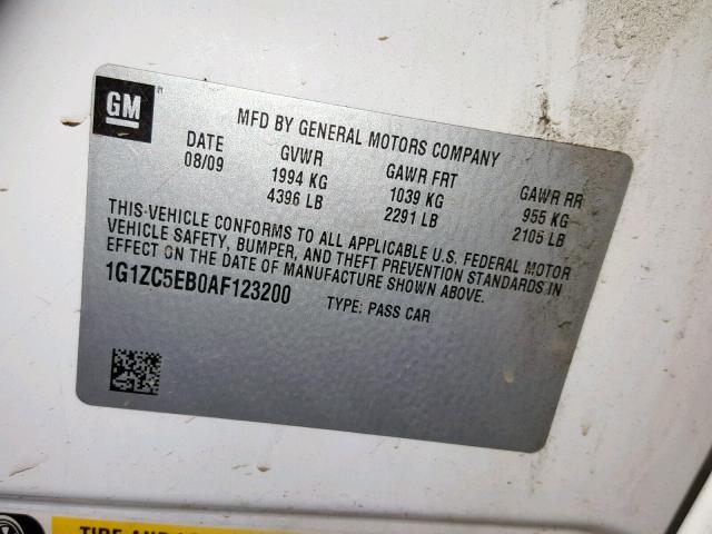 1G1ZC5EB0AF123200 - 2010 CHEVROLET MALIBU 1LT 白色 照片 10