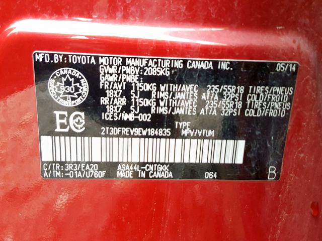 2T3DFREV9EW184835 - 2014 TOYOTA RAV4 LIMIT RED photo 10