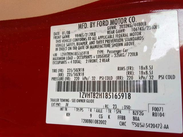 1ZVHT82H185165918 - 2008 FORD MUSTANG GT RED photo 10