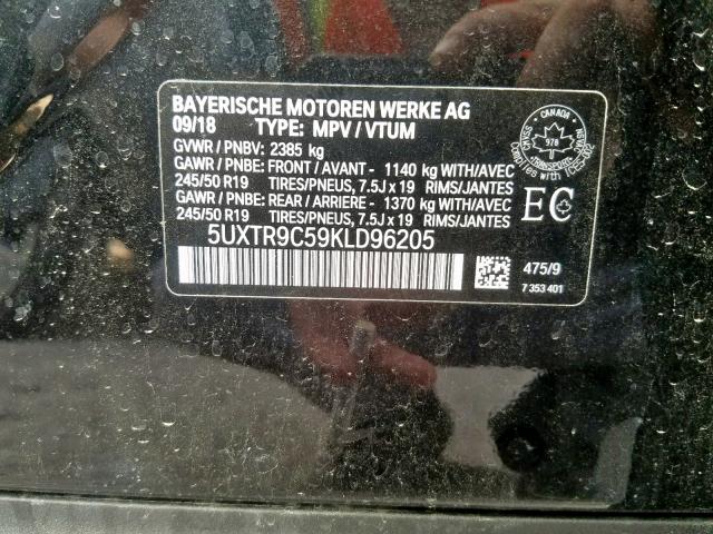 5UXTR9C59KLD96205 - 2019 BMW X3 XDRIVE3 BLACK photo 10