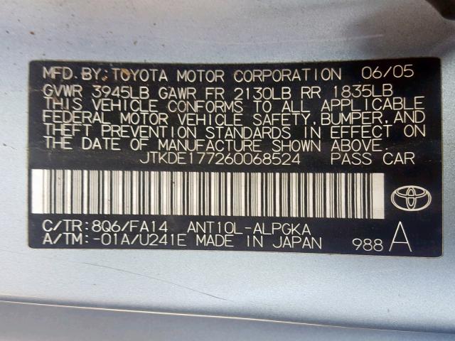 JTKDE177260068524 - 2006 TOYOTA SCION TC ლურჯი ფოტო 10