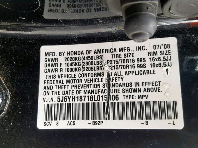 5J6YH18718L015906 - 2008 HONDA ELEMENT EX BLACK photo 10