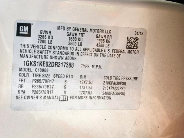 1GKS1KE02DR317388 - 2013 GMC YUKON XL C TAN photo 10