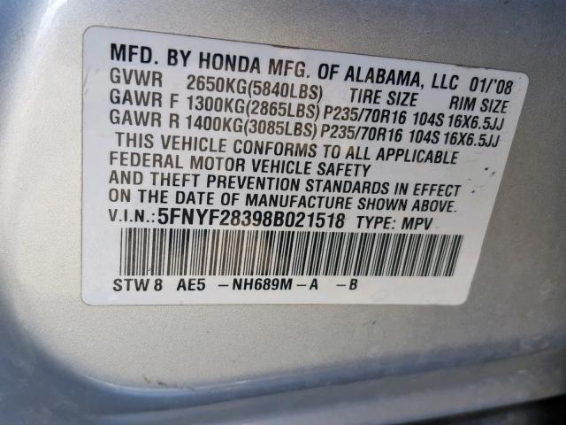 5FNYF28398B021518 - 2008 HONDA PILOT SE SILVER photo 10