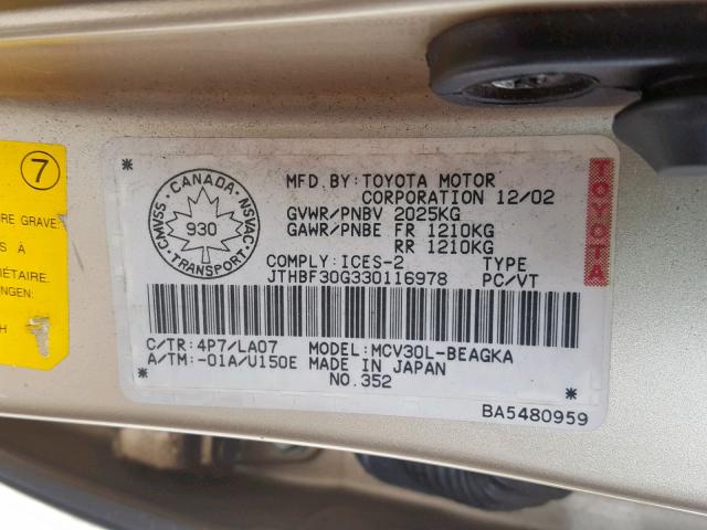 JTHBF30G330116978 - 2003 LEXUS ES 300 BEIGE photo 10