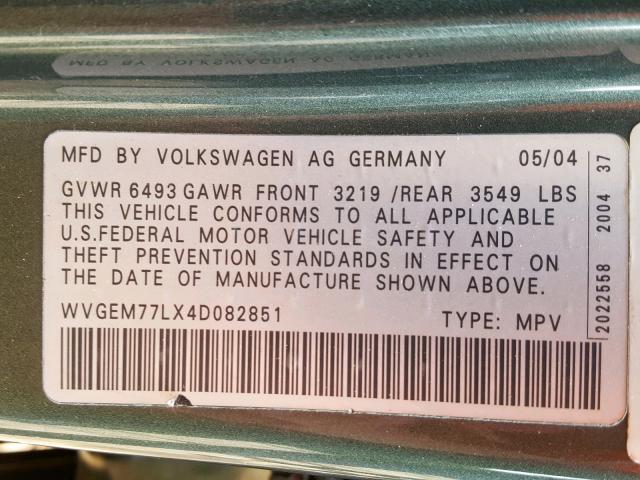 WVGEM77LX4D082851 - 2004 VOLKSWAGEN TOUAREG 4. GREEN photo 10