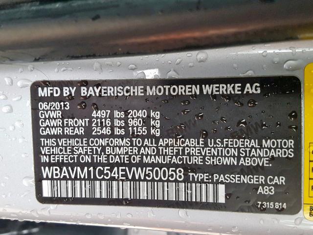 WBAVM1C54EVW50058 - 2014 BMW X1 SDRIVE2 SILVER photo 10