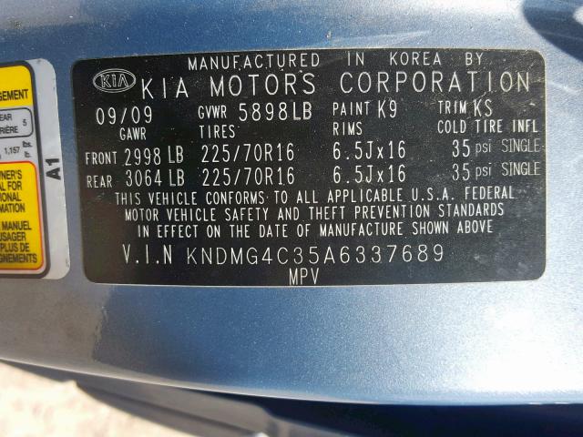 KNDMG4C35A6337689 - 2010 KIA SEDONA LX BLUE photo 10