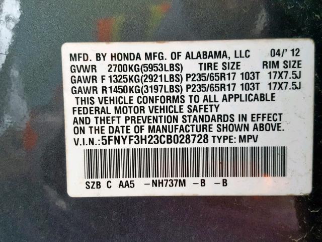 5FNYF3H23CB028728 - 2012 HONDA PILOT LX GRAY photo 10