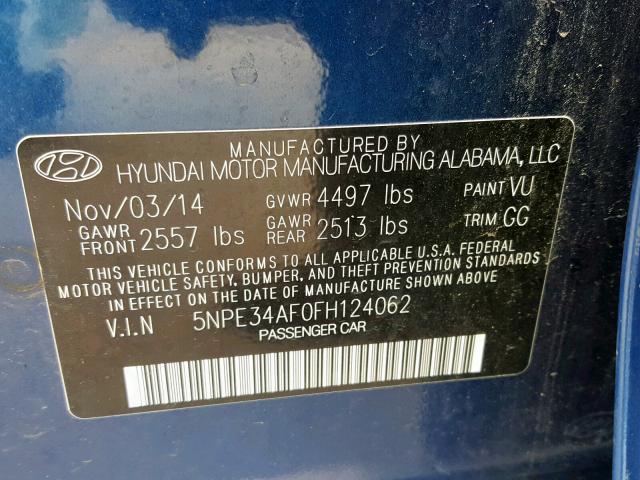 5NPE34AF0FH124062 - 2015 HYUNDAI SONATA SPO BLUE photo 10