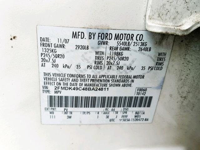 2FMDK49C48BA24811 - 2008 FORD EDGE LIMIT WHITE photo 10