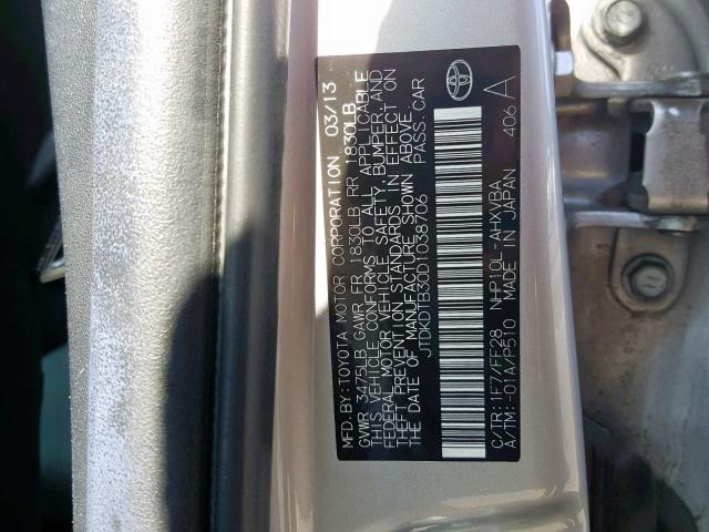 JTDKDTB30D1038706 - 2013 TOYOTA PRIUS C SILVER photo 10